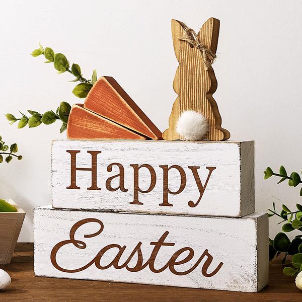 Easter Decorations: 5PCs Happy Rustic Easter Wooden Bunny Carrot Table Signs, Cute