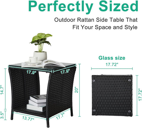 Bonnlo 46x46x50cm Outdoor Coffee Table, Small Garden Side Table with Glass Top and Shelf Underneath, Outside Patio