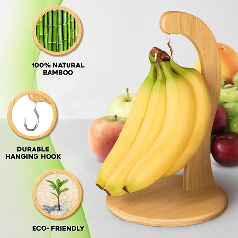 Countertop, Banana Holder w/ Hanging Hook, Rustic Wooden Grape Stand for Kitchen Bamboo Fruit Hanger To Keep Bananas