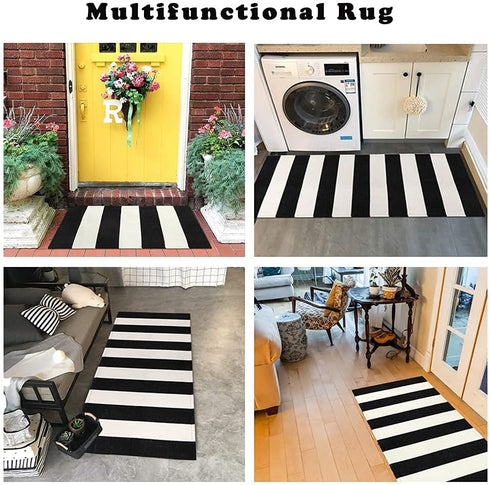 LEEVAN Black and White Rug, 2 x 3 Washable Cotton Woven Front Porch Mat, Layered Indoor/Outdoor Welcome Rug