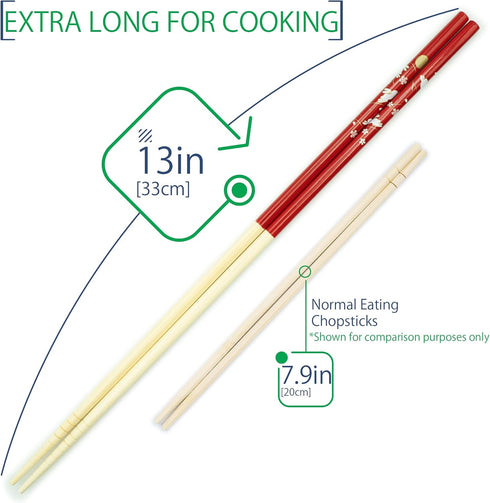 Long Japanese Cooking Chopsticks, Bamboo Wood Saibashi 13in - Made in Japan, Red (13x0.31)