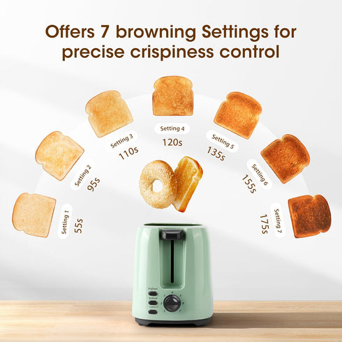 iSiLER 2 Slice Toaster: Compact Bagel Toaster with 1.3" Wide Slot, 7 Shade Settings, Green
