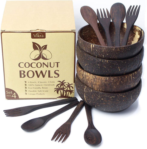 Vikra Set of 4 Vietnamese Coconut Bowls with Spoons and Forks, 100% Natural Handmade Eco-Friendly Kitchen Bowls