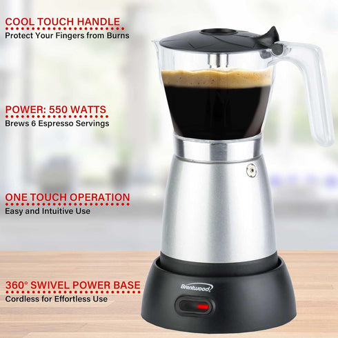 Brentwood TS-119S Electric Moka Pot Espresso Machine, 6 Servings, Silver