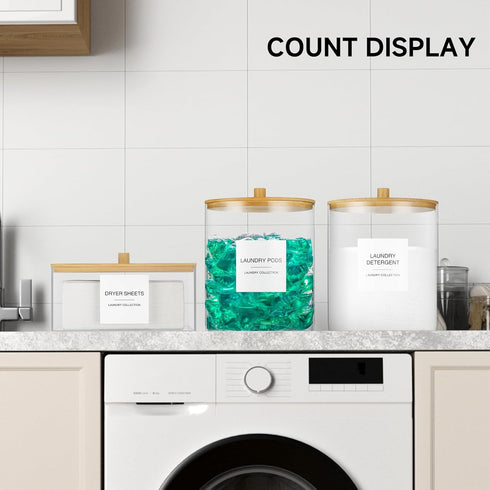 Acrylic Dryer Sheet Holder with Lid, Clear Container with 27 Labels for Laundry Pods Storage and Organization