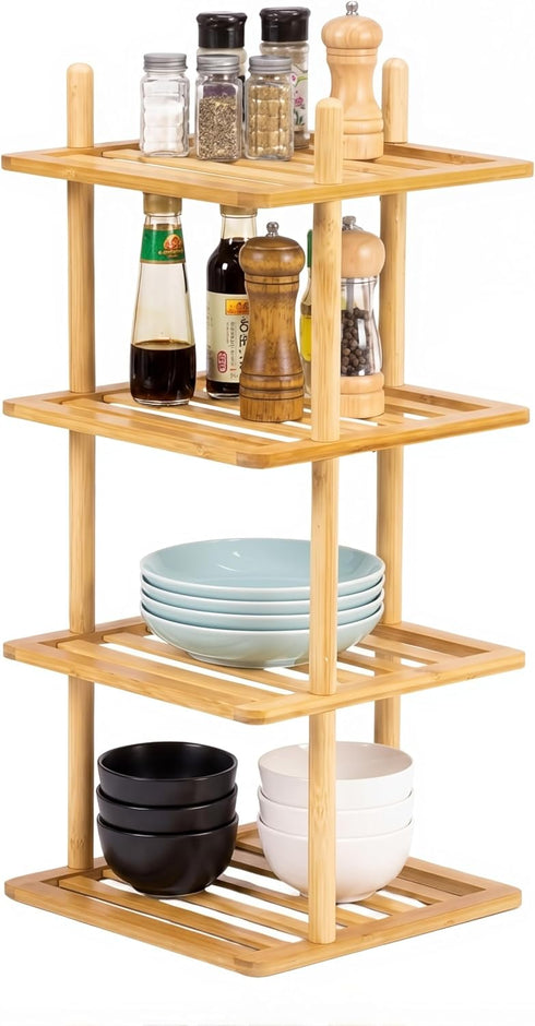 Expandable Bamboo Corner Shelf - Dish/Plate Organizer for Cabinet, Kitchen Counter Shelf