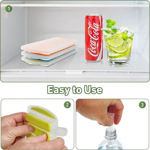 Water Bottle Silicone Ice Cube Tray by Lily's Home - 3-Piece Quick-Freeze Set Makes 30 Ice Cubes with Lids