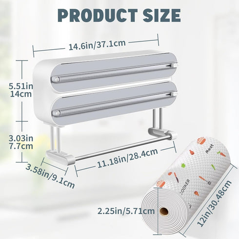 AUSTUFF 3 1 in Plastic Wrap Dispenser with CutterMagnetic Aluminum Foil and Adhesive Film Organizer, Wall Mount Kitchen