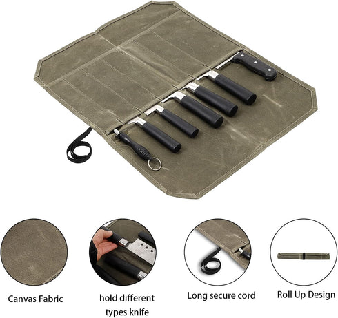 Chef Knife Roll Bag, Waxed Canvas Knife Roll Case with 7 Slots, Portable Kitchen Knife Storage, Culinary Tool Protector