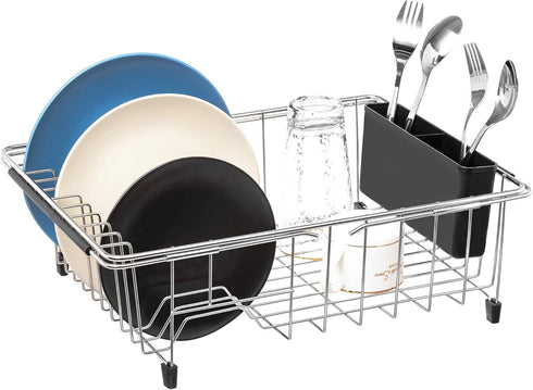 iPEGTOP Expandable Multifunctional Dish Drying Rack, Over The Sink or On Counter Dish Drainer with Black Utensil Holder