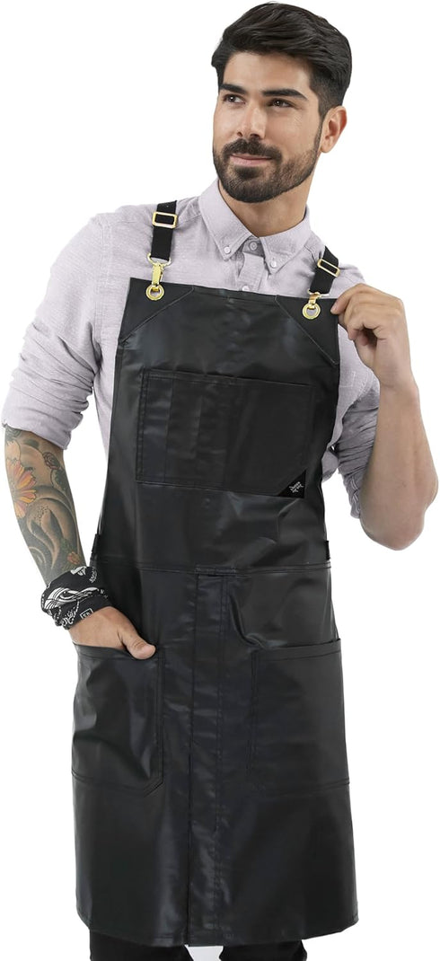 Under NY Sky Cross-Back Black Apron – Adjustable for Men, Women, Pro Barber, Tattoo, Hair Stylist, Barista, Server