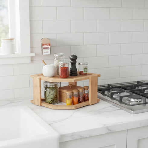 2-Tier Countertop, Bamboo Corner Shelf for Kitchen or Bathroom Cabinet, Cupboard Storage and Organizer, Natural Wood
