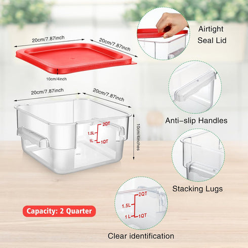 Suclain 2 Pcs Square Food Storage Container Polycarbonate Clear Food Container with Red Lid Commercial Food Storage with Red Graduations for Commercial Kitchen (7.87 x 3.94 inches)