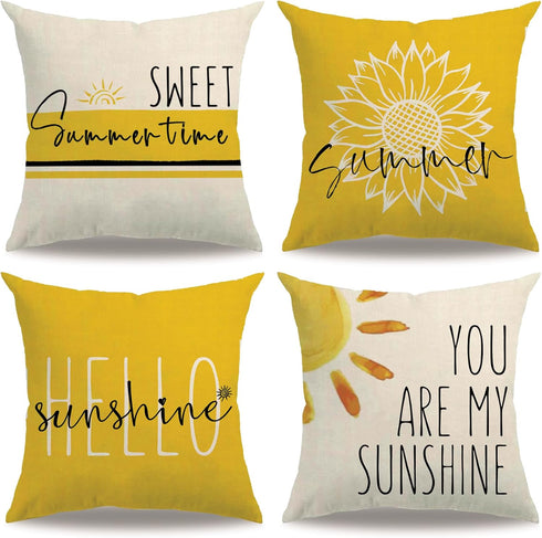 4Pack Summer Decor Pillow Covers, Yellow Floral Sunflower Cushion Cover, You Are My Sunshine Farmhouse Pillowcases