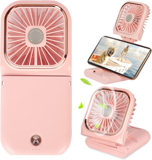 Portable Mini Fan, Small Battery Operated 5 in 1 Power Bank, Phone Holder, Handheld Fan, Pink