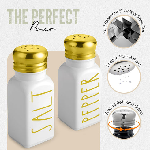 Luxury Gold Salt and Pepper Shakers Set by Brighter Barns - Modern Farmhouse Decor for Restaurant, Wedding, Gifts - Glass Shakers & Stainless Steel Lid - White and Gold Kitchen Accessories (Gold)
