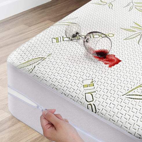 Bamboo Mattress Protector with Zipper, 100% Waterproof King Size Cooling Cover, Ultra Soft Jacquard Fabric