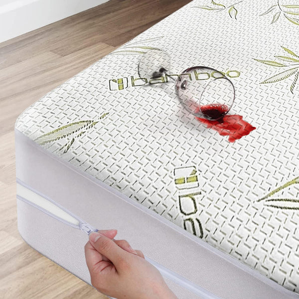 Bamboo Mattress Protector with Zipper, 100% Waterproof King Size Cooling Cover, Ultra Soft Jacquard Fabric