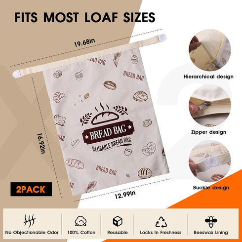 2 Pack, 17x13 Inch 17x13 Inches Beeswax Bread Bags Reusable Large Bread Storage Bags with Secure Buckle, Natural Cotton
