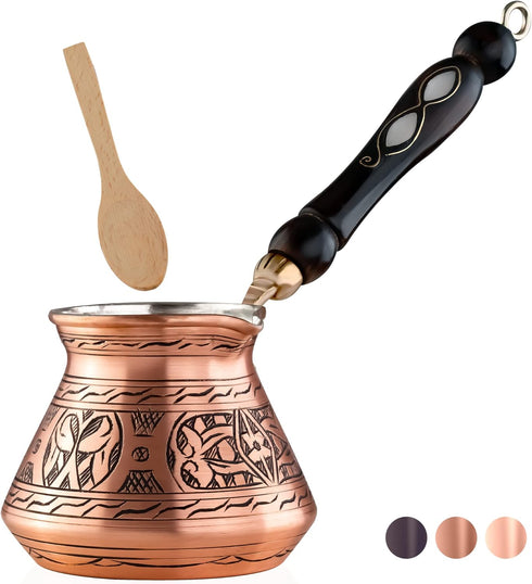 BCS 12 Oz Copper Turkish Greek Arabic Coffee Pot with Wooden Handle, Cezve Ibrik Briki Stovetop Maker (4 servings)