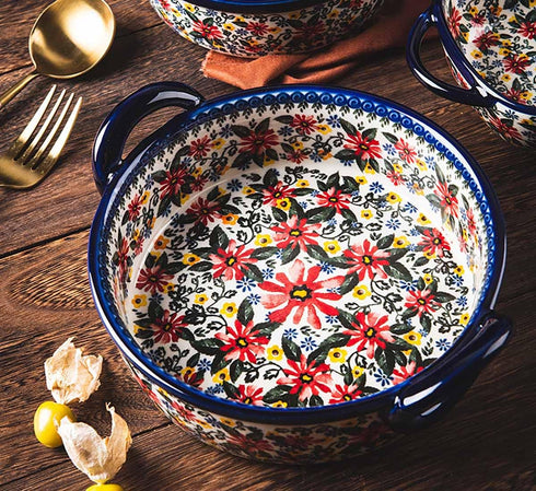 Vintage Style Red Daisy Flower Ceramic Bakeware Casserole Dish, 32 OZ, 1 PCS, Baking Pan with Handles for Oven