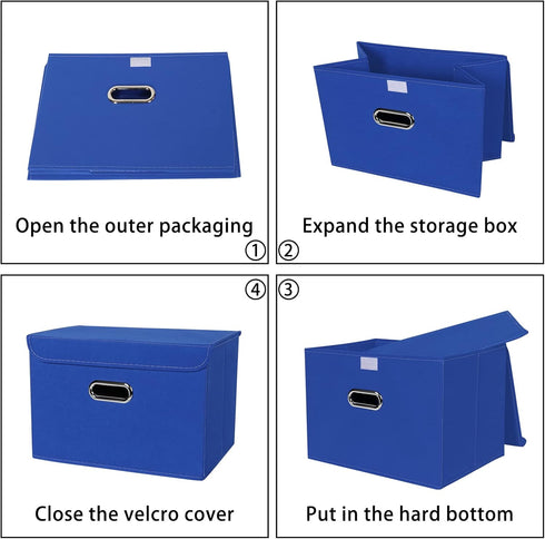 Linen Fabric Foldable Storage Cube Bin Organizer, 3Pcs Dark Blue Baskets with Lid, Leather Handles, Removable Divider