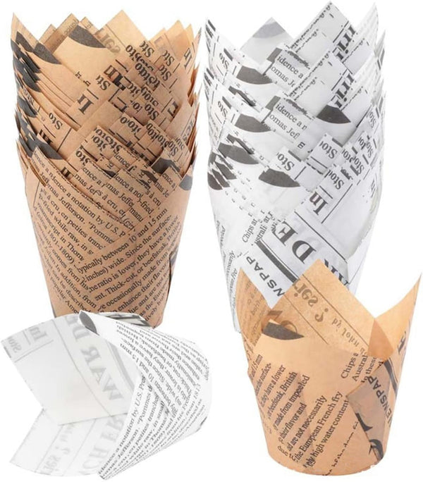 200pcs Tulip Cupcake & Muffin Tins Liners, Nature and White 2 Standard Newspaper Pattern Paper Baking Cups