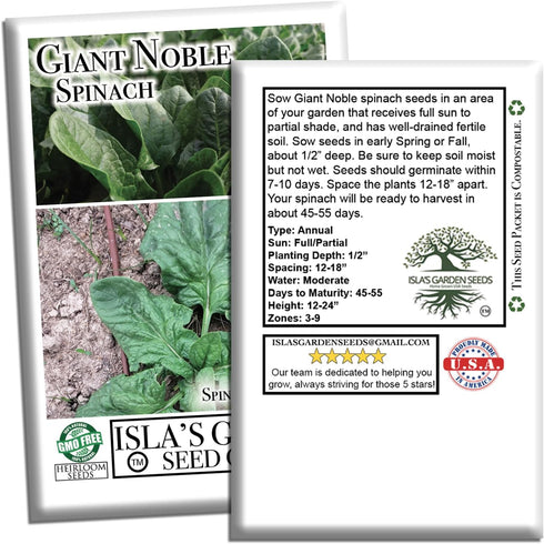 100+ Giant Noble Spinach Seeds (Spinacia oleracea) Heirloom Non-GMO Seeds by Islas Garden Seeds, Large Tender Leaves