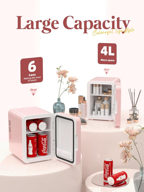 BOGDA Mini Skincare Fridge (4 Liter/6 Can) with Dimmable LED Light Mirror, Cooler and Warmer for Makeup