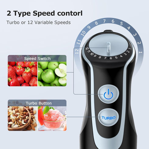 FRESKO Immersion Blender, 4-in-1 Stainless Steel Hand Stick Blender with 12-Speeds & Turbo Mode for Smoothies & Soup
