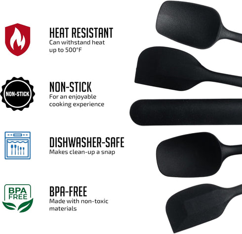 OVENTE Set of 5 Silicone Spatula , Food Grade Rubber Spatulas Heat Resistant w/ Stainless Steel Core & Seamless Design, Non Stick Rubber Spatula for Mixing, Baking & Cooking Black SP12305B by OVENTE