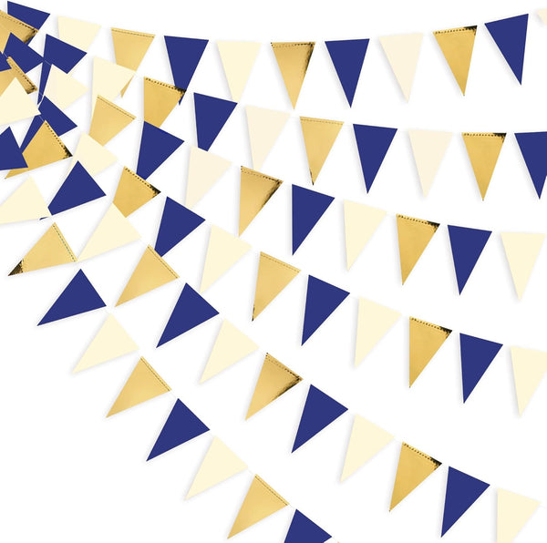 30Ft Navy Blue Gold and Beige Party Decorations, Royal Blue Gold Triangle Flag Pennant Banner for Events
