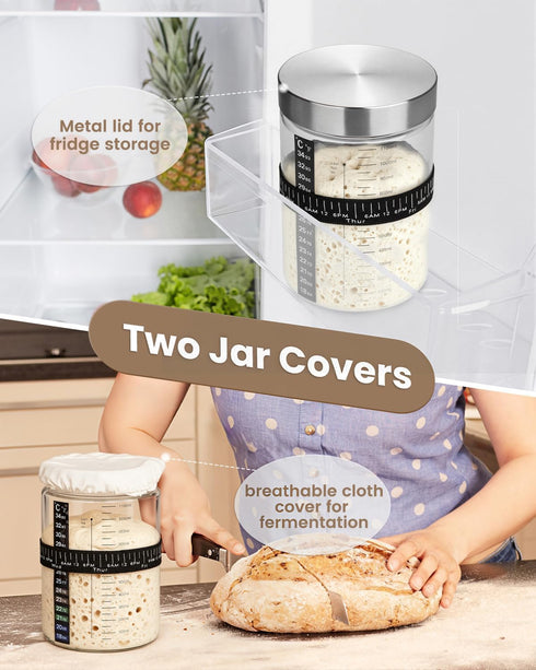 PITCH + PULSE 40Oz Sourdough Starter Jar Kit, Sourdough Bread Baking Container with Date Marked Feeding Band