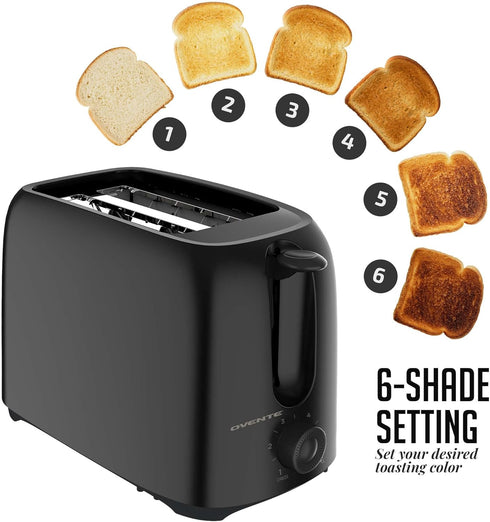OVENTE Electric 2 Slice Toaster Machine with 6-Shade Toast Settings, 700W Power, Removable Crumb Tray and Compact Design Perfect for Toasting Bread, Bagels, Waffles and Puff Pastry, Black TP2210B by OVENTE
