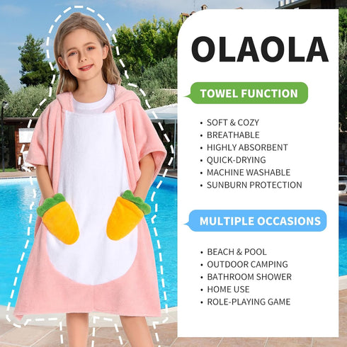 3-12 OLAOLA Bunny Hooded Kids Beach Towels for Years Boys Girls, Soft Absorbent Kids Hooded Bath Towel Wrap, Toddler
