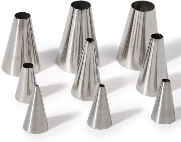 Round Piping Tip Set, 9 Stainless Steel Pastry Tips in Graduated Sizes with 20 Disposable Decorating Bags for Cupcakes,