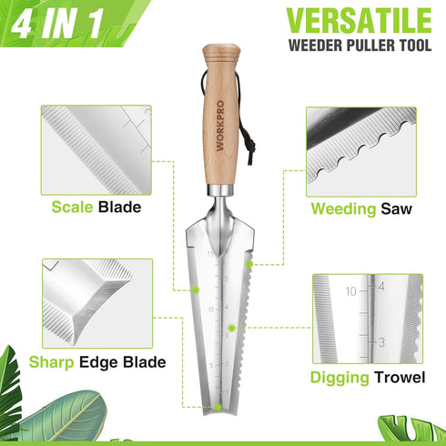 WORKPRO 12.5" Weeder Puller Tool with Wood Handle, 4-in-1 Polished Stainless Steel Garden Trowel