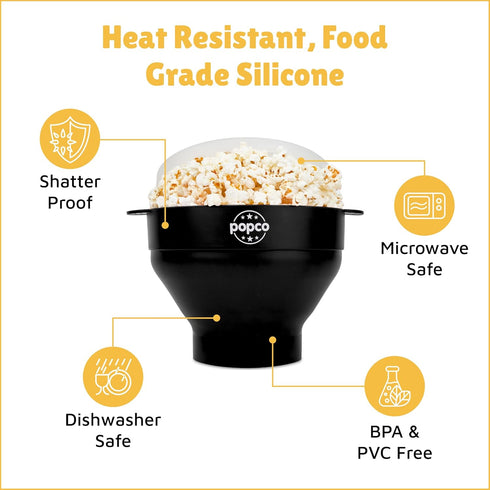 Popco Silicone Popcorn Maker, Microwave Popcorn Popper with Handles, Collapsible Bowl, 15-Cup Capacity (Black)