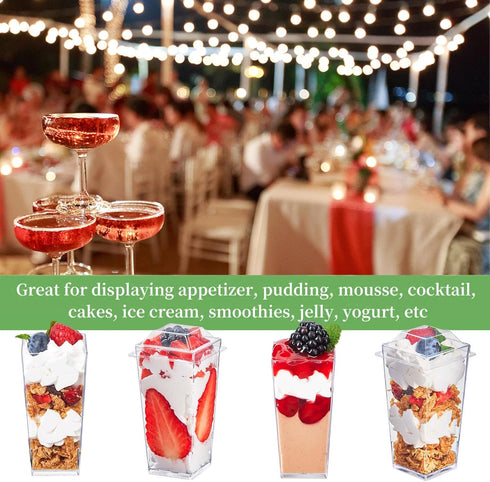 50 Pack 3 oz TOFLEN Square Mini Dessert Cups with Lids and Spoons Clear Plastic Dessert Shooter Cups for for Party