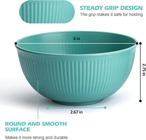 Unbreakable Cereal Bowls 24 oz - Set of 6 Lightweight Plastic Bowls Made of Wheat Straw Fiber for Salad, Soup, Ramen