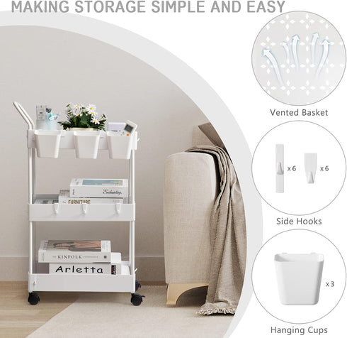 3 danpinera Storage Cart on Wheels, Tier Slim Laundry with Wheels Bathroom Organizer with Hanging Cups Hooks Dividers