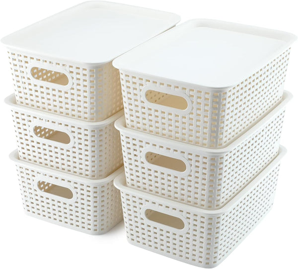 AREYZIN Plastic Storage Baskets with Lid, 6 Pack Lidded Organizing Containers for Shelves & Drawers