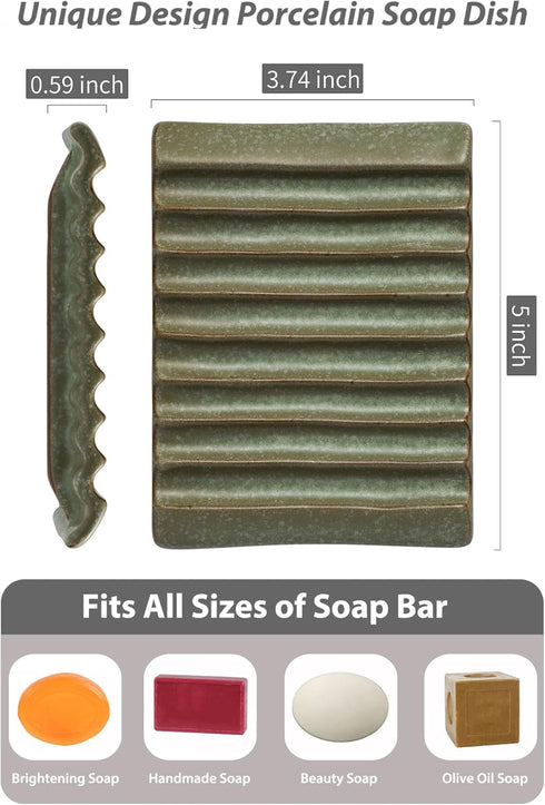 Soap Holder, Ceramic Soap Dish, Non-Slip Bathroom Accessories for Soap, Sponges, Scrubber, Razor, Green