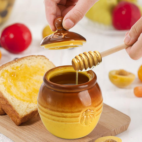 2 Pack 12 Oz Hiceeden Ceramic Honey Pot with Dipper and Lid, Yellow Honey Jar Bee Embossed Honey Storage Container