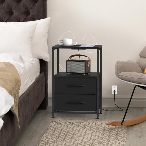 2 YBING Nightstand with Charging Station End Table with Fabric Drawer Bedside Table with USB Ports and Power Outlets