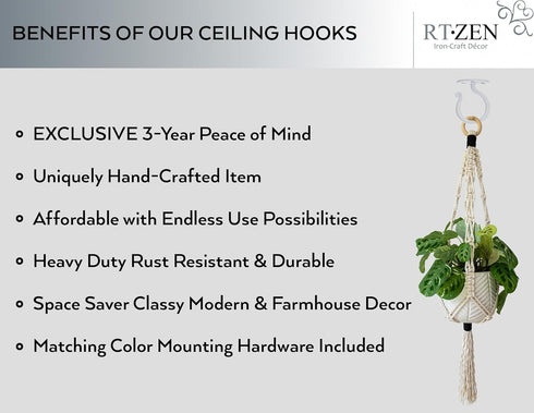 RTZEN Ceiling Hooks for Hanging Plants and Baskets - Wrought Iron Decorative Plant Hanger Indoor Hook Set - Plant Hangers Outdoor Metal Ceiling Hooks Heavy Duty 2 Pack Kit (White) by RTZEN