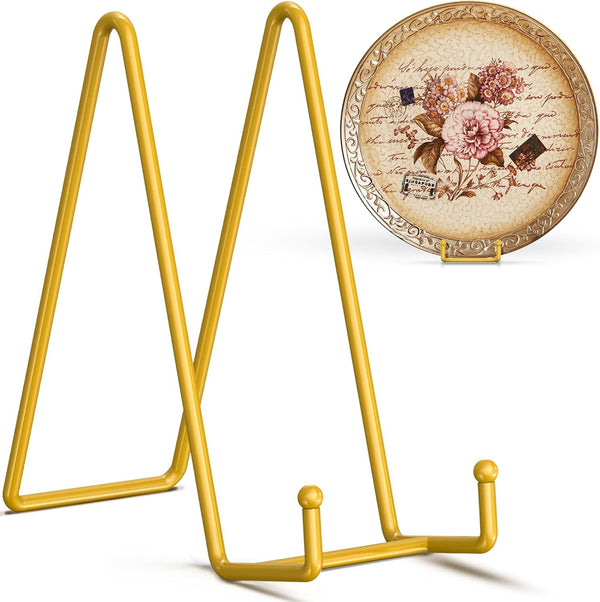 TR-LIFE 4 Pack 10 Inch Gold Large Plate Stands for Display, Metal Picture Frame Holder + Small Easels