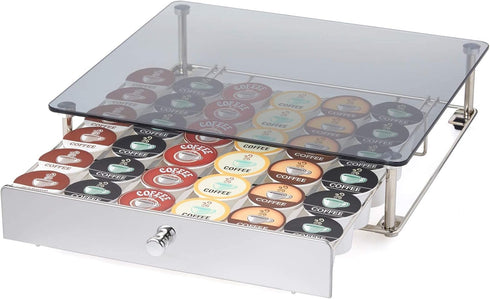 Nifty Rolling Coffee Pod Drawer with Glass Top & Chrome Finish, Compatible with K-Cups, 36 Pod Pack Holder for Kitchen