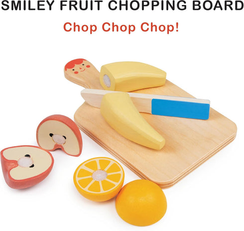 Toys - Smiley Fruit Chopping Board - 8pc Wood Chopping Board with Play Knife and Choppable Fruits - Market, Cafe and Kitchen Pretend Play Toy Food - Imaginative Play Set for Toddlers - Age 2+