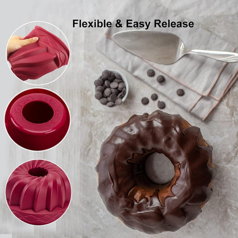 Nalchois 4 Inch Silicone Mini Bundt Cake Pan Set of 4, Nonstick BPA Free Molds for Baking, Oven Safe Fluted Tube